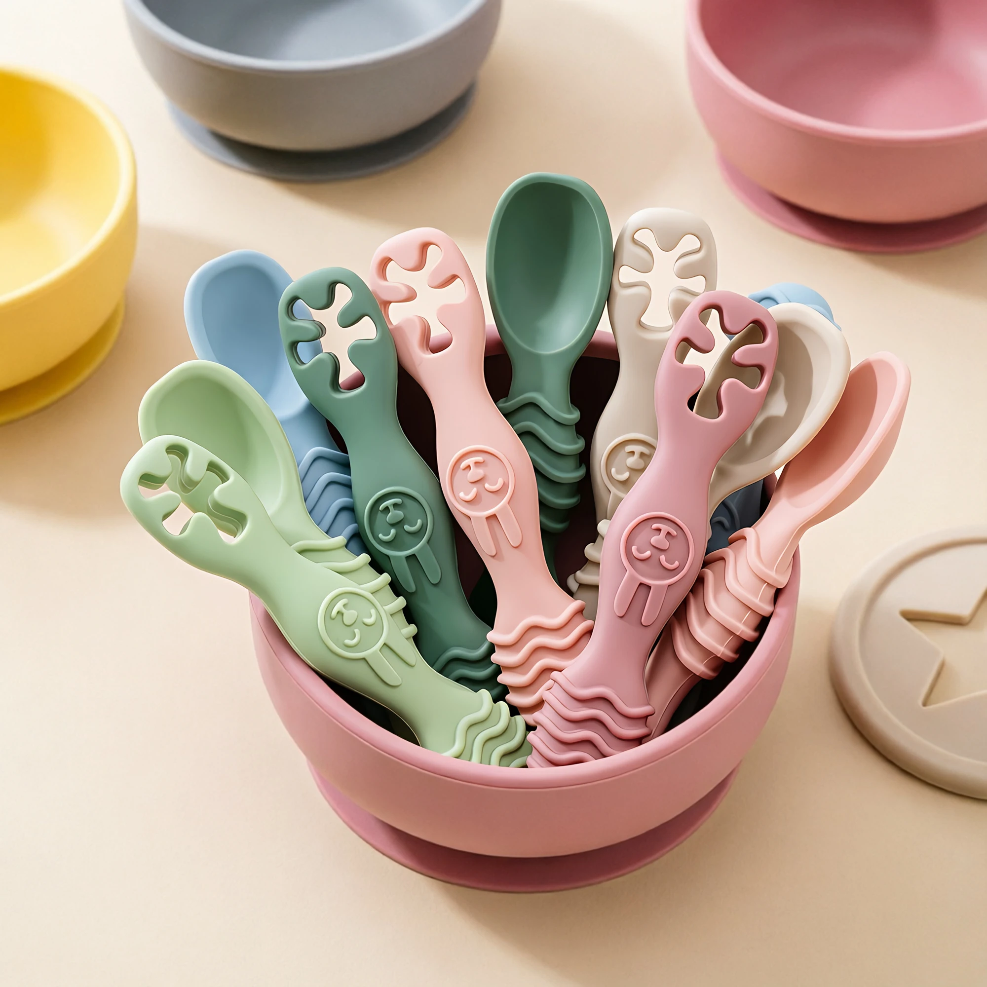 2pcs Rabbit Shaped Baby Spoon Set Soft Silicone Feeding Spoon Easy Grip Utensils Durable Easy Clean Newborn Accessories