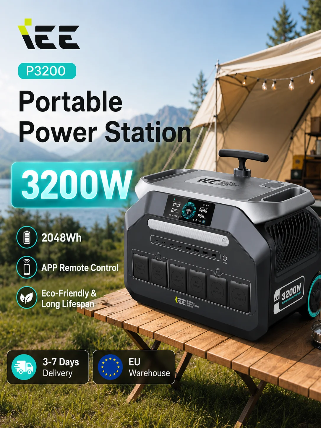 Tragbare Powerstation IEE P3200 3200W 2048Wh LiFePO4 Akku WLAN Bluetooth Smart-Steuerung Solargenerator für Camping Wohnmobil Notfall zu Hause