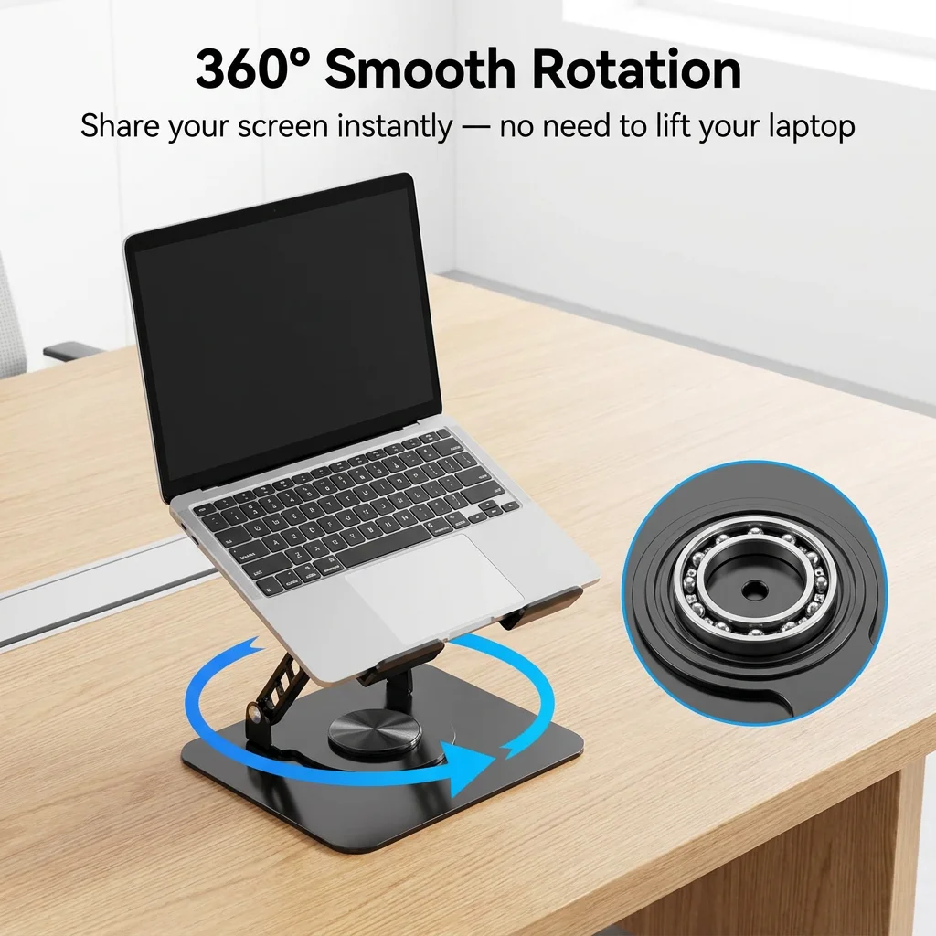 Laptopständer aus Kohlenstoffstahl, 360° drehbar ° Drehbarer, faltbarer, höhenverstellbarer USB-Kühlventilator-Ständer für 16-Zoll-Laptops und Tablets, ergonomisch – Detail 5