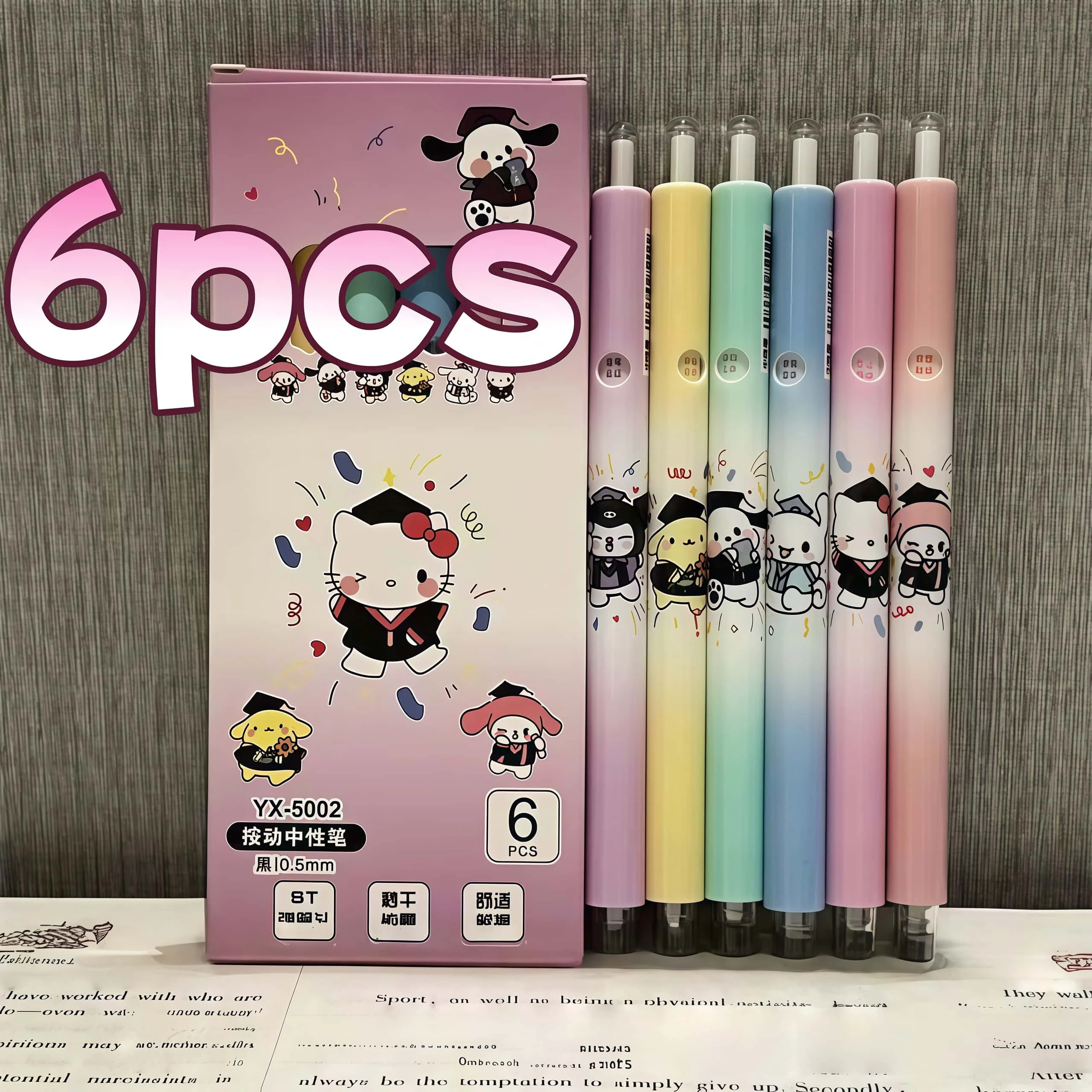 

Набор из 6 гелевых ручек Sanrio на тему выпускного, милые выдвижные ручки с пастельным градиентом и различными персонажами для школы и офиса