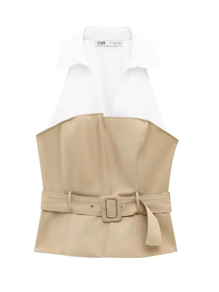 TFMLN 2025 Summer Halter Collar Patchwork Top With Belt Vintage Backless Sleeveless Causal Tops High Street Female Slim Tops