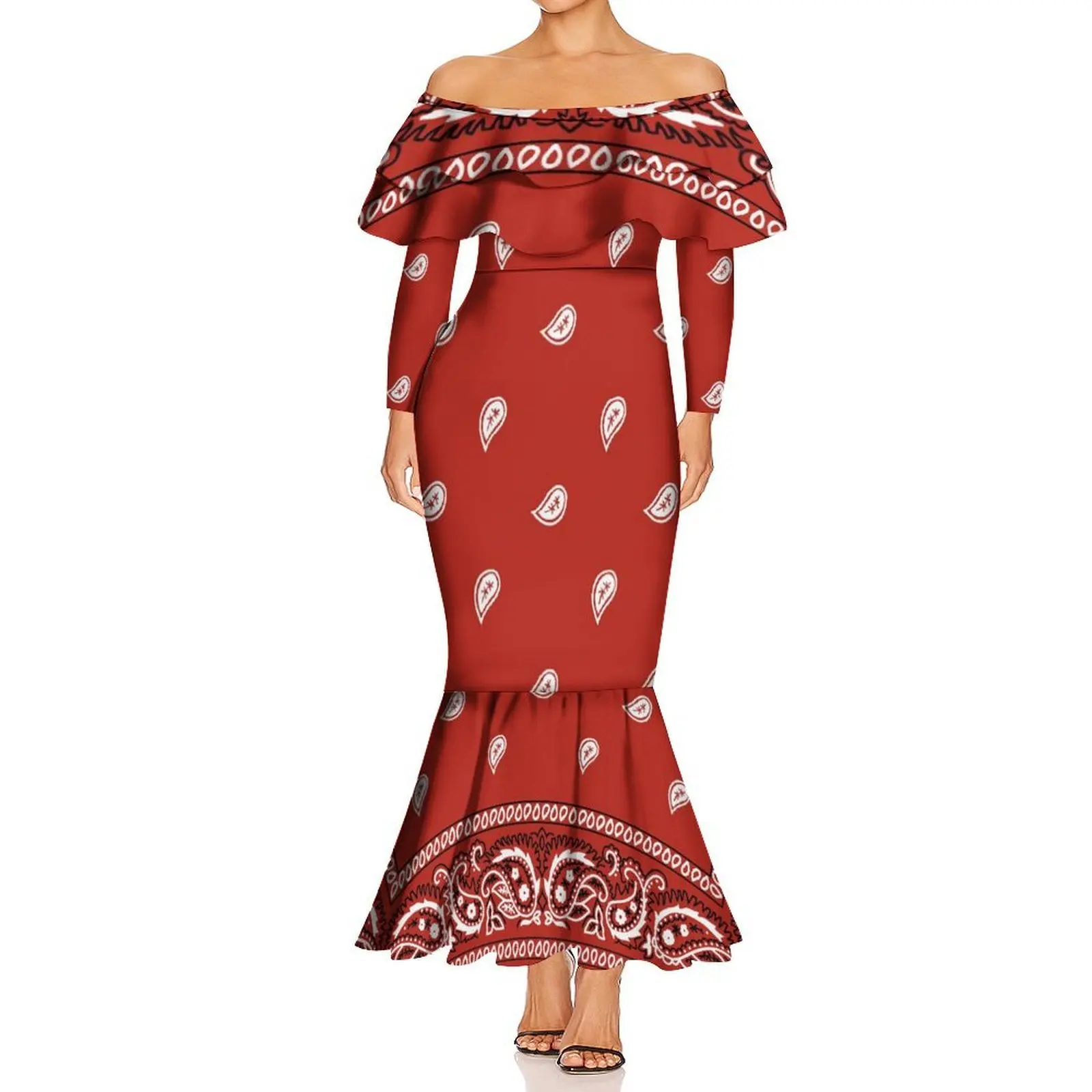 Verão bandana dupla camada babados havaiano feminino manga comprida um ombro fino fishtail vestido padrão de vestido personalizado