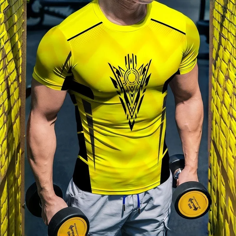 Men's Compression Sports T Shirt Yellow Black Geometric Print Quick Dry Short Sleeve Gym Training Fitness Workout Top