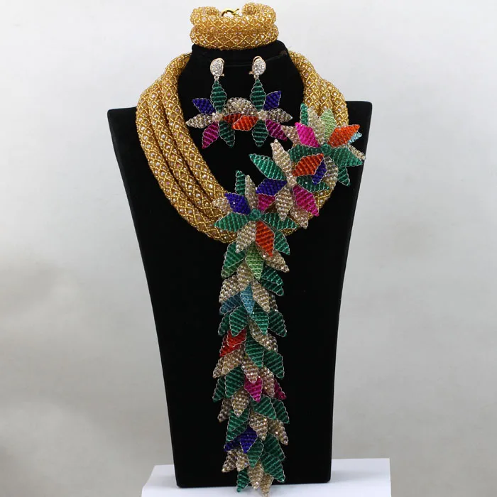 Luxury Nigerian Wedding Beads Green Crystal Handmade Bridal Flowers African Bridal Jewelry Sets Necklace  ABK617
