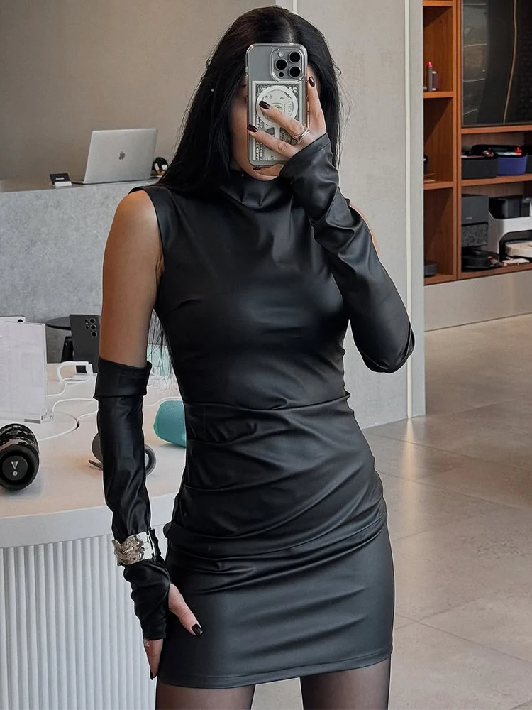 스키니 가죽 미니 드레스 여성 여름 섹시한 PU 가죽 지퍼 민소매 짧은 드레스 솔리드 장갑 Y2k 파티 클럽 드레스 Femme