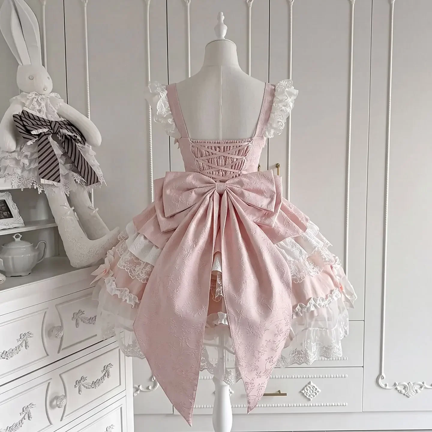 Women Japanese Sweet Lolita JSK Sling Dress Princess Lace Bow Cake Skirt Harajuku Retro Wedding Birthday Party Clothes