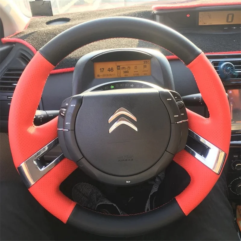 Hand-stitched Red Black Leather Car Steering Wheel Cover For Citroen C4 Picasso 2007-2013 Steering Wheel Interior Handle Cover