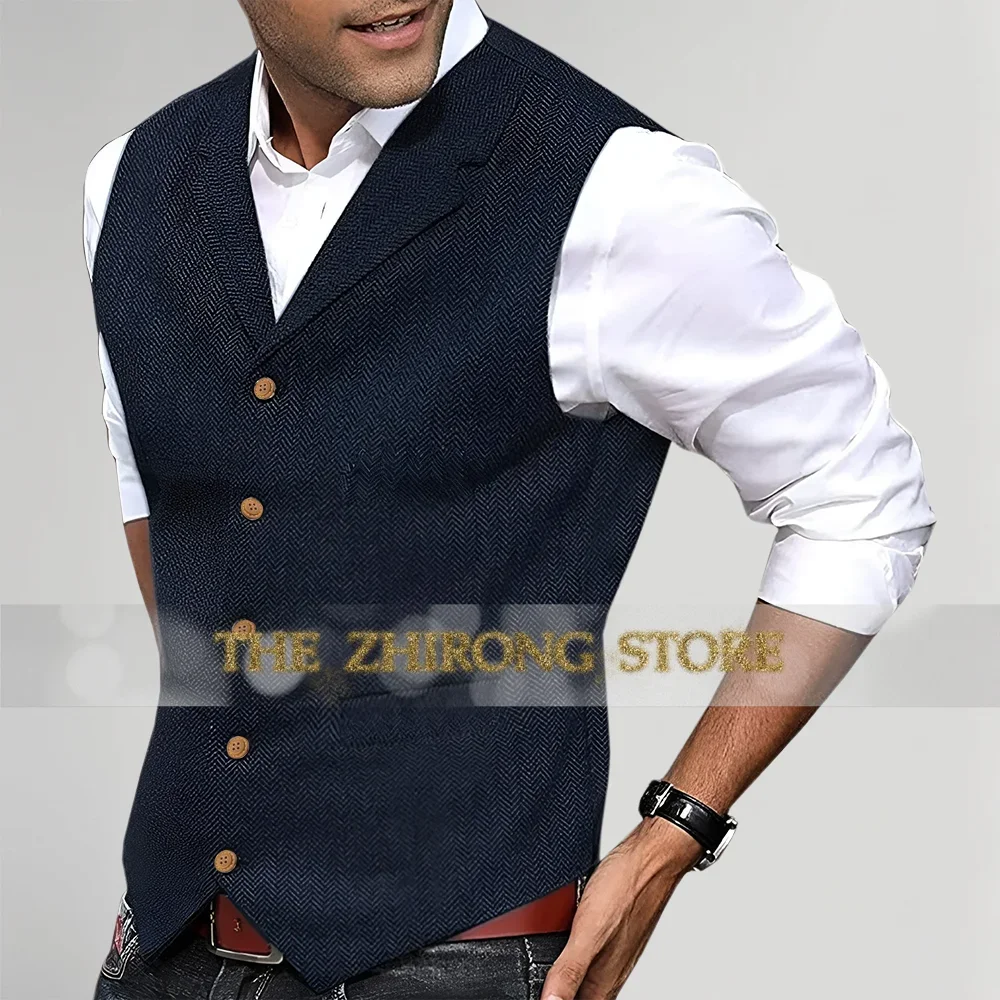 Retro herringbone pattern men's vest in dark blue, with notched lapels and a slim fit perfect for layering wedding suit
