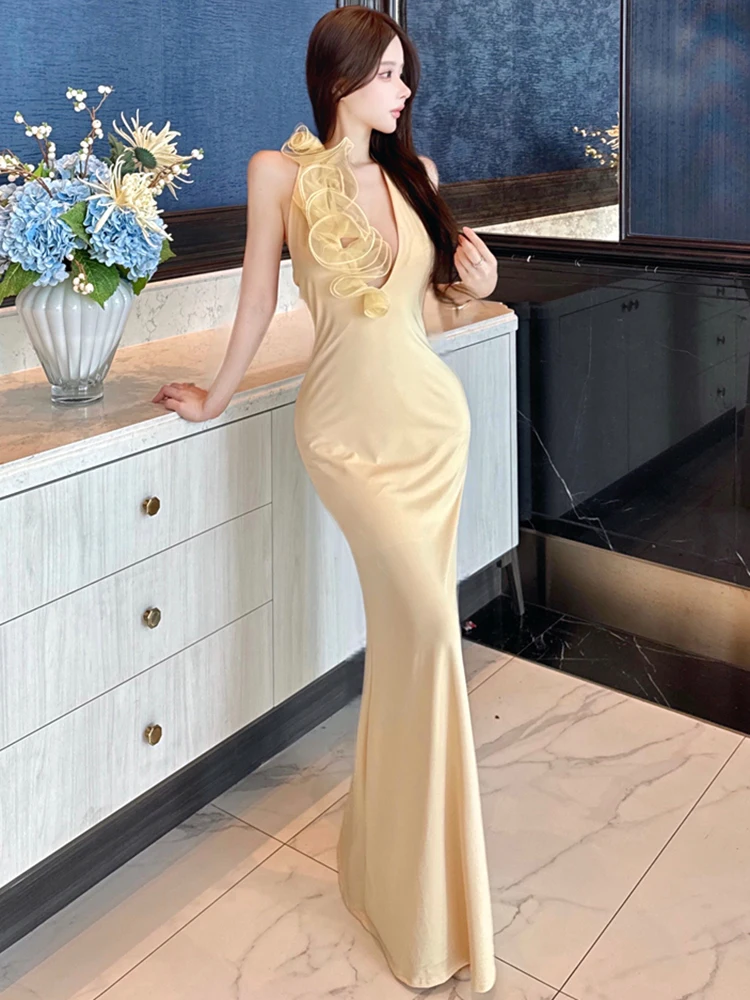 Women Solid Elegant Floral Neck-mounted Sexy Long Dress Summer Fashion Chic Casual Ruffled Dress 2025 Korean Bodycon Party Dress