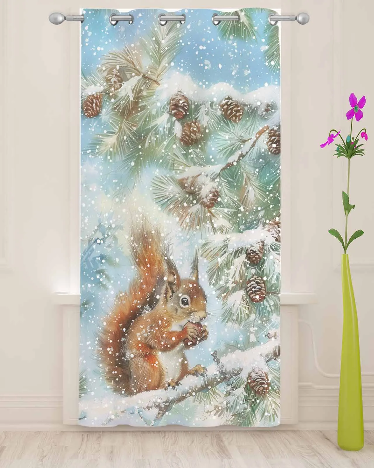 Christmas Winter Squirrel Snowflake Pine Tree Sheer Curtains for Living Room Printed Tulle Window Curtain Luxury Home Drapes