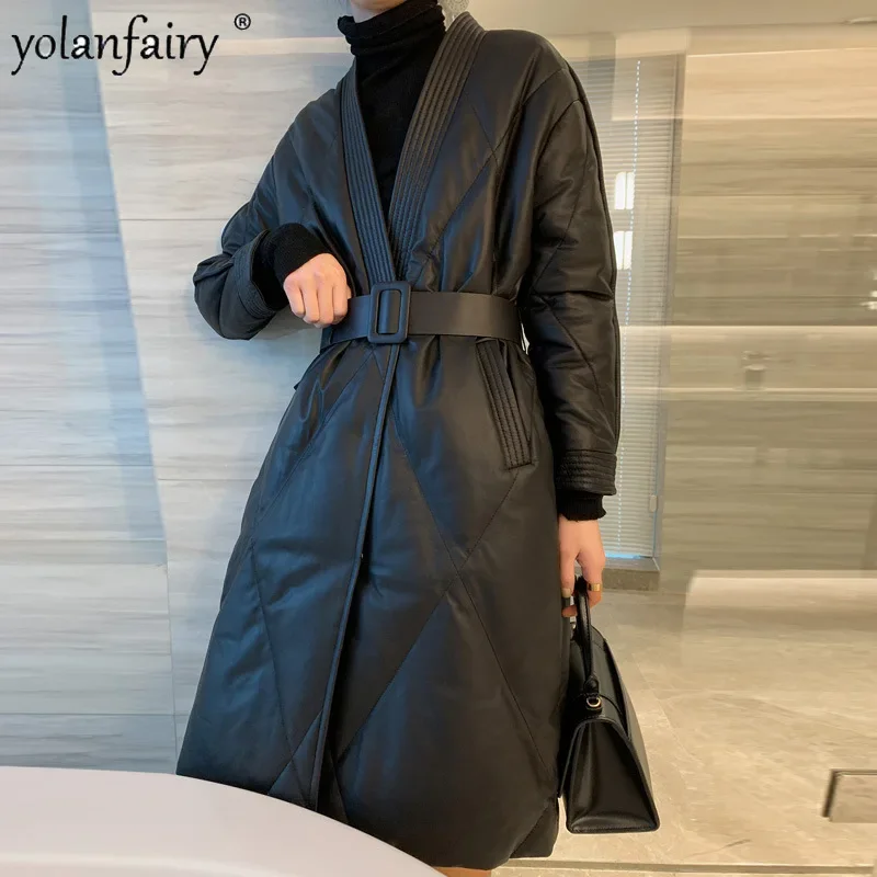 FTY-Doudoune en cuir véritable pour femme, manteau en peau de mouton naturelle, mi-long, combinaison noire, taille optique féminine, vestes d'hiver