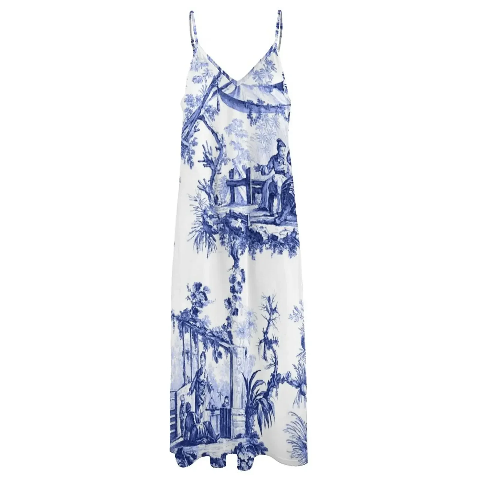 Blue Chinoiserie Toile Sleeveless Dress summer clothes for women prom clothes women evening dress Evening gown Dress