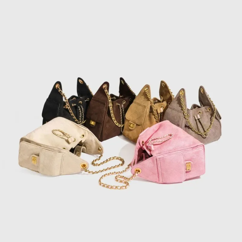 Vintage suede tote bag, small fragrant wind bucket chain bag, drawstring, retro single shoulder crossbody armpit bag, large
