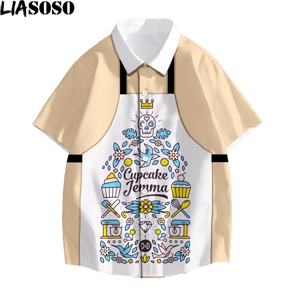 

LIASOSO 3D Print Hawaii Shirt Men Ladies Funny Housewife Apron Design Cartoon Cute Flower Cupcake Beach Party Outdoor Shirts Top