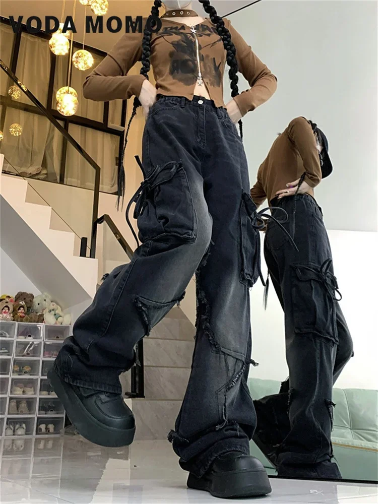 Wiosna Lato Designerski Styl Moda Y2k Estetyka Cargo Jeansy Luźne Retro Estetyczne Spodnie z Wysokim Stanem Damskie Harajuku Denim Podstawowe