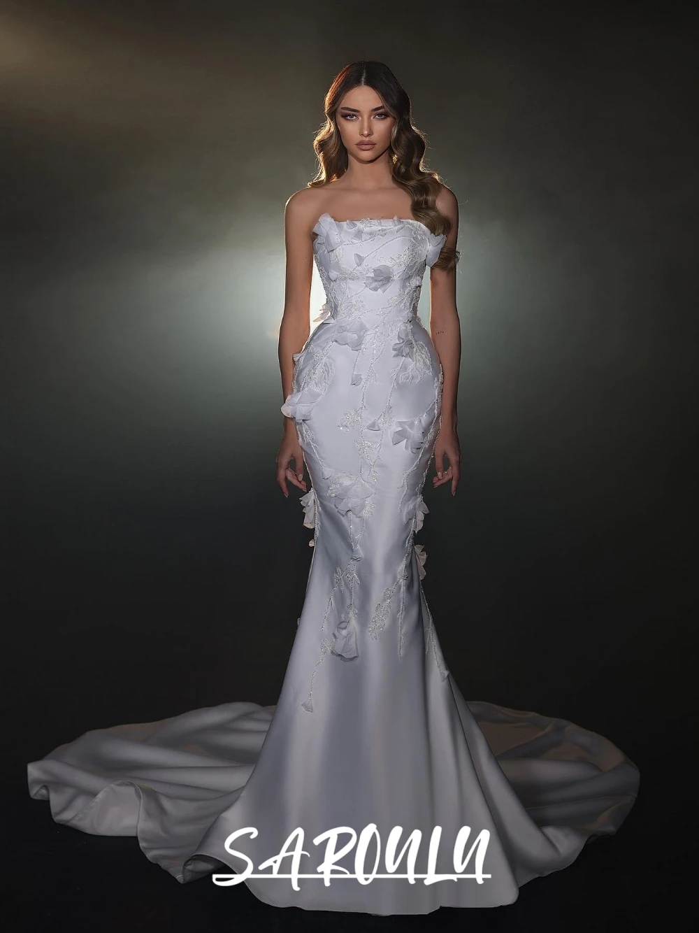 

Reception Mermaid Elegant Strapless Floral Wedding Dress Classic Satin Sequined Women Bride Wear Customized Modern Bridal Gown