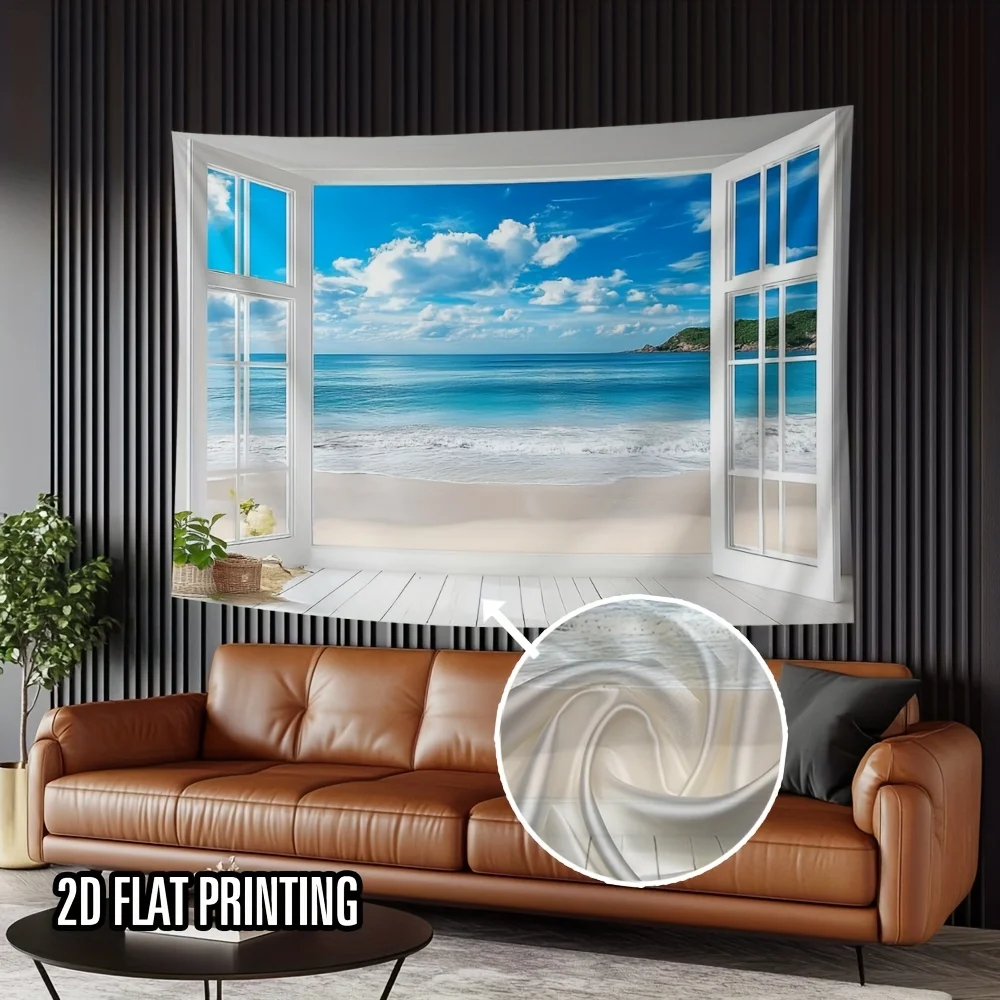 Luxurious Realistic Ocean View Tapestry Wall Art Hanging Window Decor Polyester Print Tropical Coastal Beach Landscape for Moder