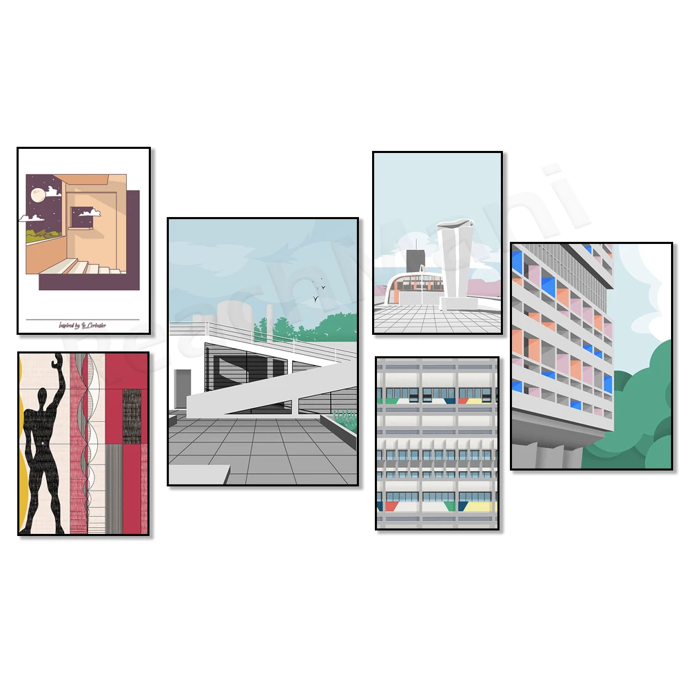 Graphic design architecture poster, illustration minimalism Le Corbusier soft radiant city, architecture exhibition poster