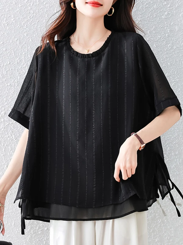 패셔너블한 안티에이징 루즈핏 플러스 사이즈 블라 티셔츠 여성용 여름 2025 캐주얼 라운드 넥 탑