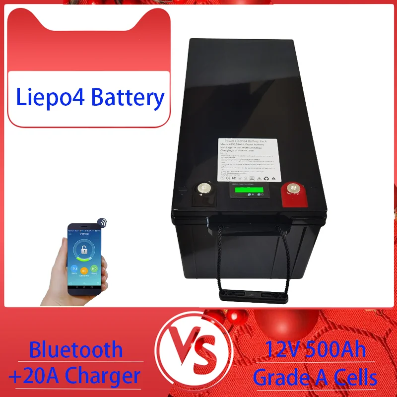 

Водонепроницаемый литиевый аккумулятор Lifepo4 12 В 500 Ач Bluetooth BMS APP 4S 12,8 В 500 Ач для гольф-кара Солнечная лодка для хранения + зарядное устройство 20 А.