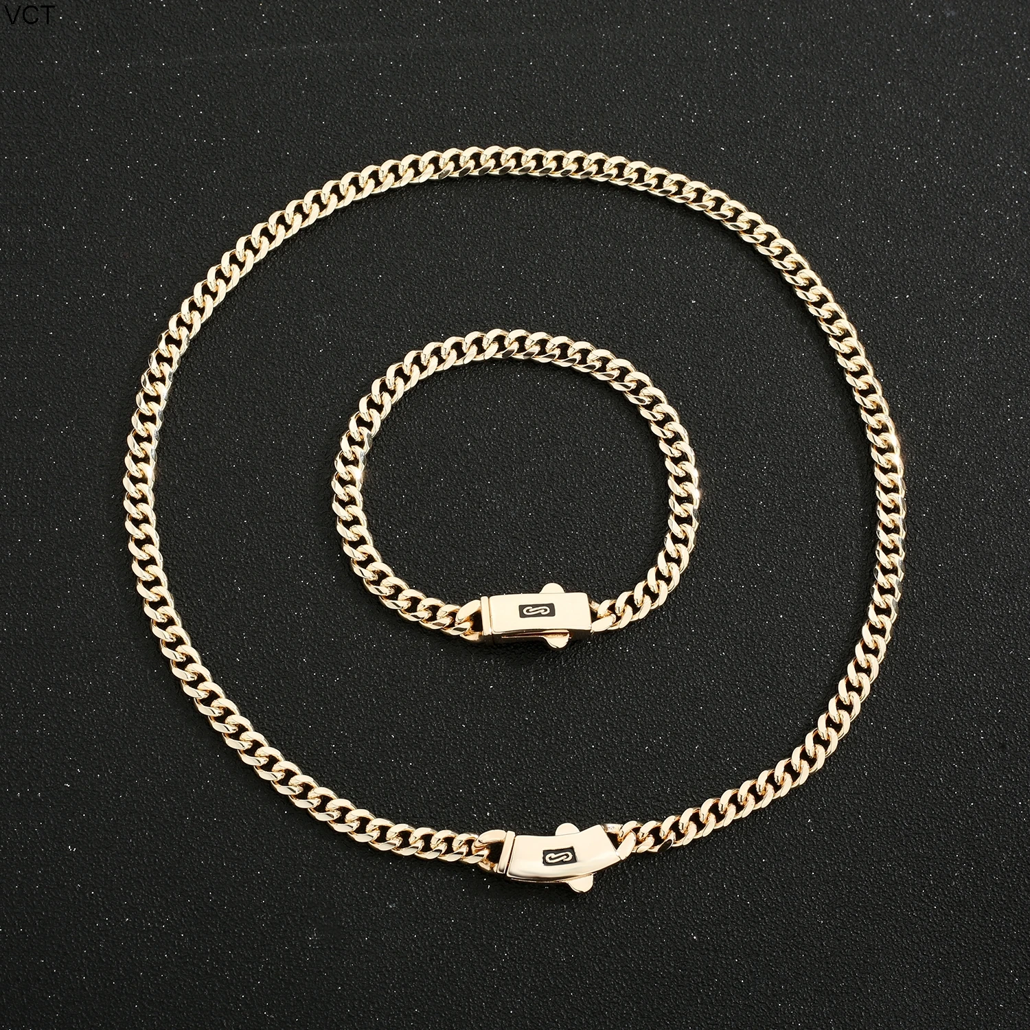 

Fashion jewelry suit Monaco Cuba chain 14K gold -plated 6mm smooth surface bracelet And necklace set wholesale free shipping