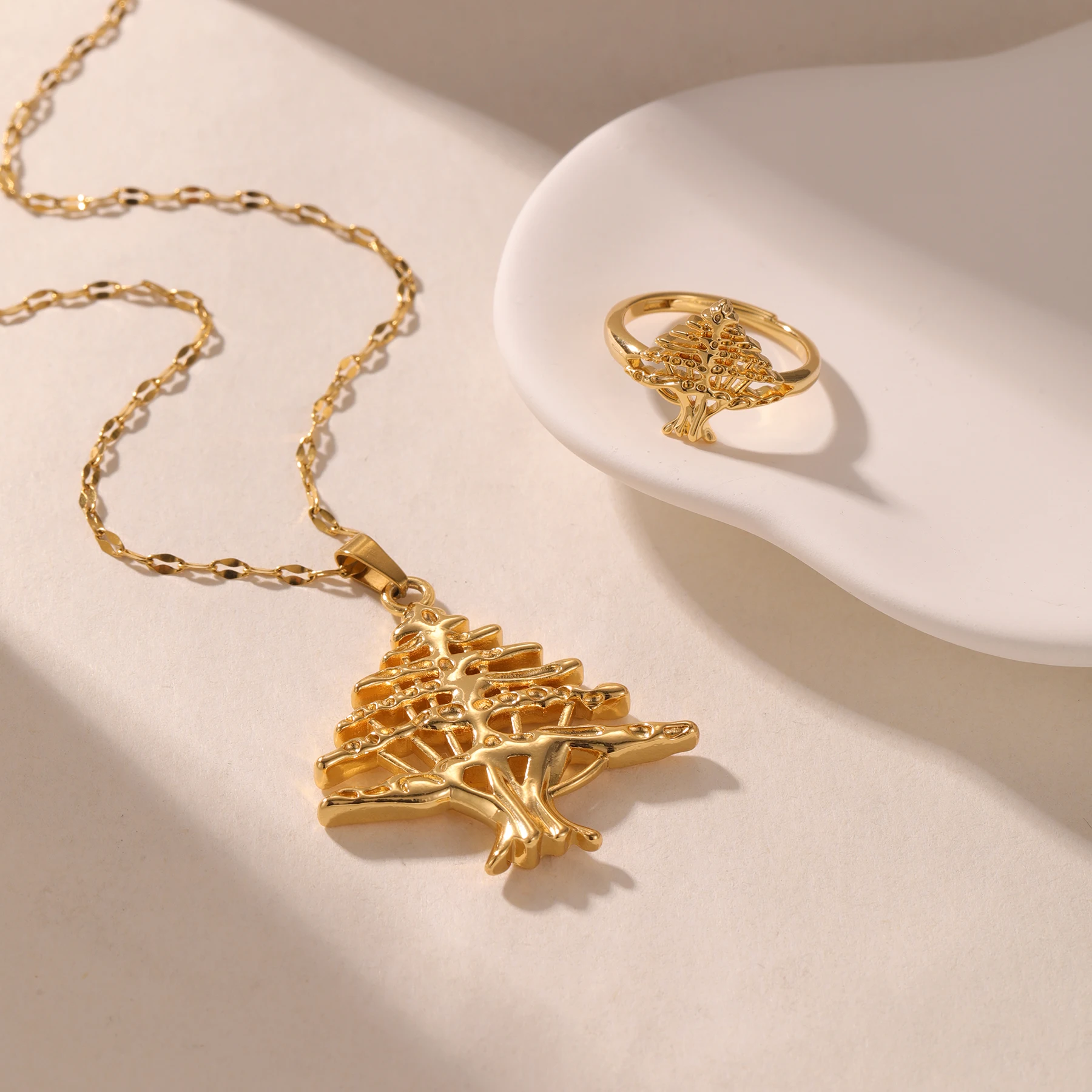 

Lebanese Cedar Tree Jewelry Set Women'S Stainless Steel Gold-Plated Necklace And Ring Gift Set For Her Birthday Gift