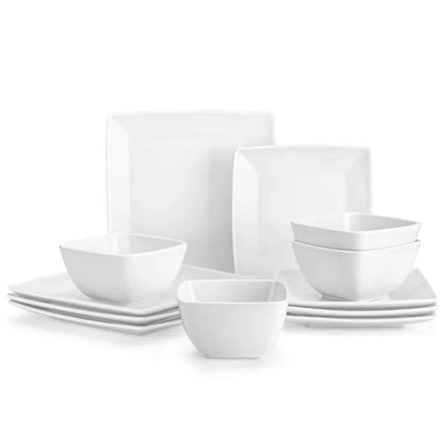 Soho Dinnerware Sets 12 Pieces, White Stoneware Square Place Setting, Dinner Plate, Dessert Plate, Bowls Service for 4
