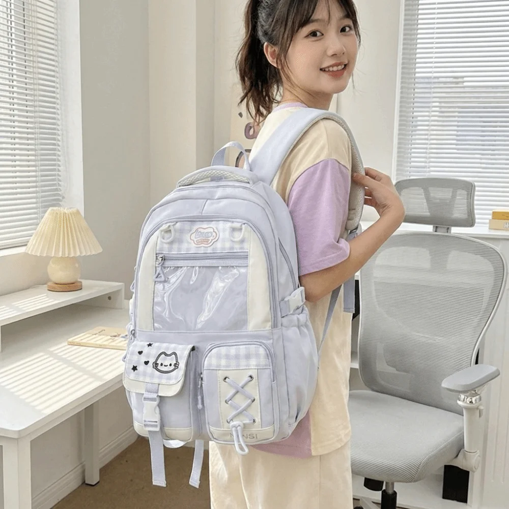 Preppy Style Multi-Compartment School Backpack Large Capacity Multi-Pocket Rucksack Zipper Lightweight Plaid Color Block Daypack