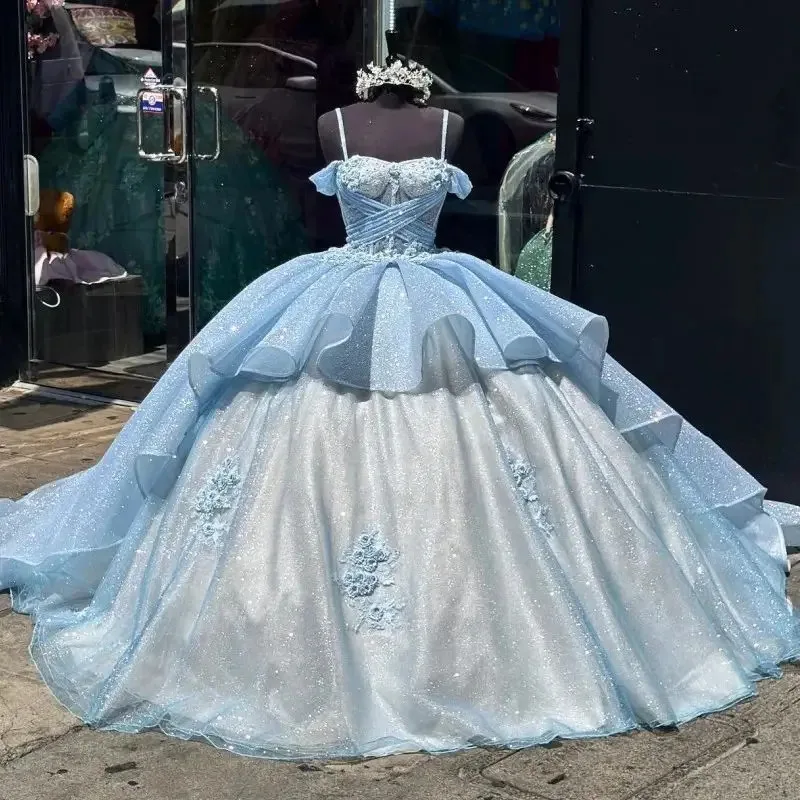 

Blue Quinceanera Dresses Ball Gown Shiny Lace Applique Beading Corset Ruffles Birthday Party Sweet 15 16