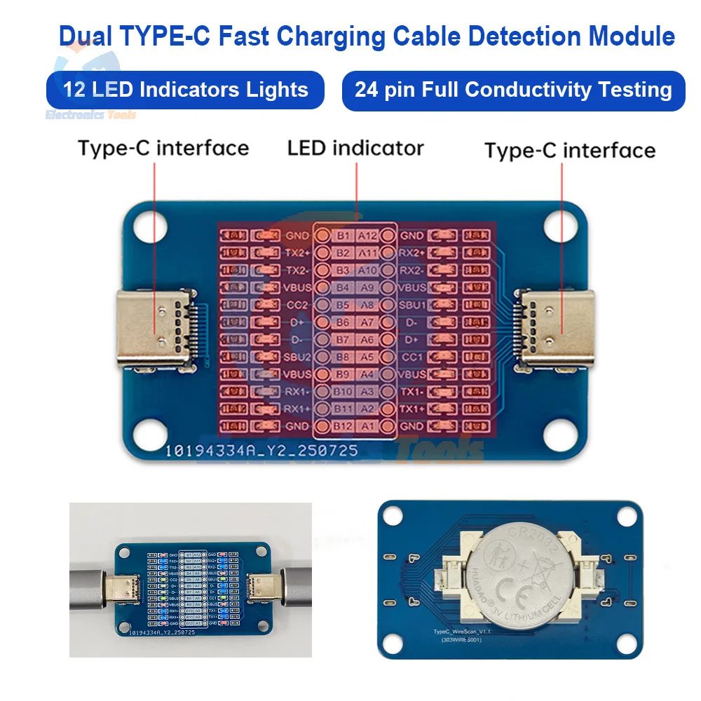 

Dual Head Type-C Detection Module Fast Charging Cable Tester 12 LED Indicators Lights 24 pin Full Conductivity Testing