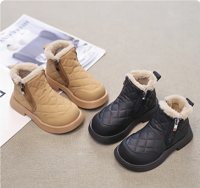 England Style High Top Winter Shoes Kids new 2025 Fashion Plaid Leather Boots Children Side Zipper Warm Boys Girls Snow Boots