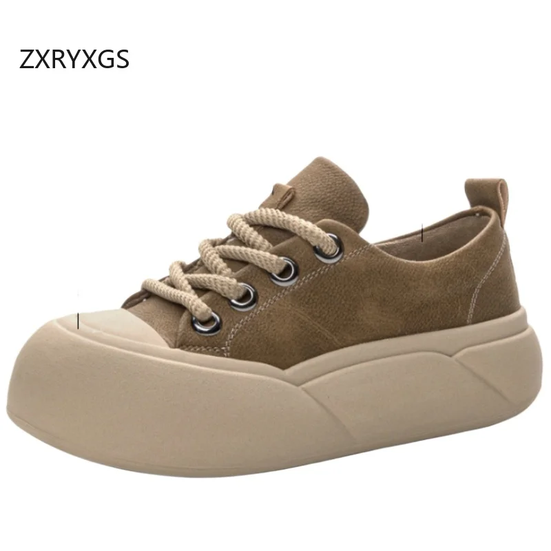 ZXRYXGS Premium Cowhide Women's Vulcanize Shoes Platform Sneakers Elevator Shoes 2025 Round Toe Lace-up Real Leather Sneakers