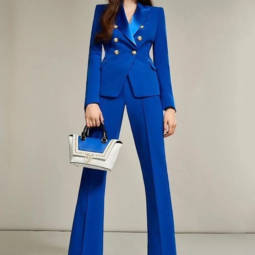 Fashion Chic Blue Suits for Women Double Breasted 2 Pieces Jacket Pants Female Clothing Slim Fit Office Banquet Lady's Costume