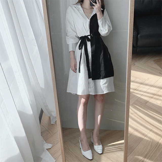 Coreano Sle Patchwork irt Dr mujer Regular Fit primavera Otoño Invierno Dr Casual ropa de calle al aire libre leva fecha