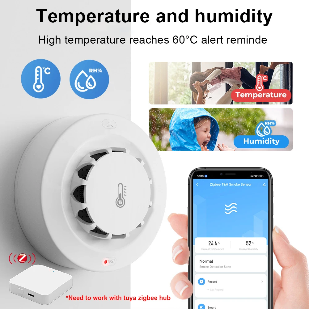 Tuya Zigbee BT Two Connection Smoke Detector Temperature Humidity Measurement Device 80dB Sound Alarm Remote Push Alert Function