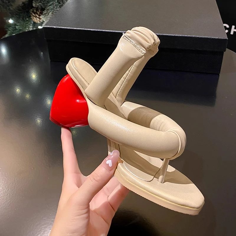 Red Heart Heel Solid Color Women Sandals Hand-made Fashion Square Toe Comfy Ladies Shoes Flip Flops Zapatos Mujer 2024 Tendencia