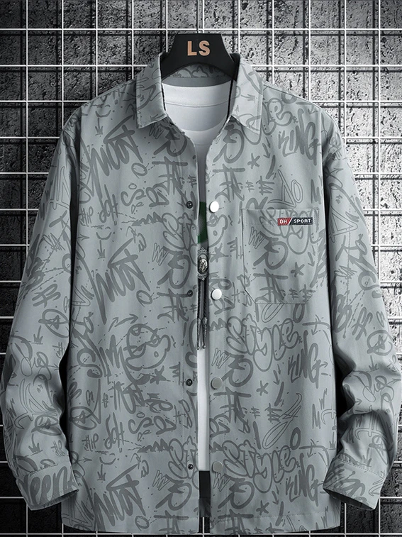 

Loose Casual Men's Long Sve irt Spring Autumn New Sle Large Size Button Design Breathable Polyester Faion Brand Prin...