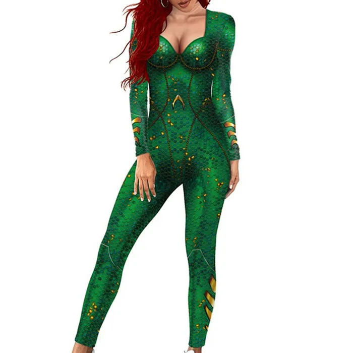 Sexy Women Jumpsuit Cosplay Costumes Halloween Carnival Party Fish Scale Print Zentai Bodysuits