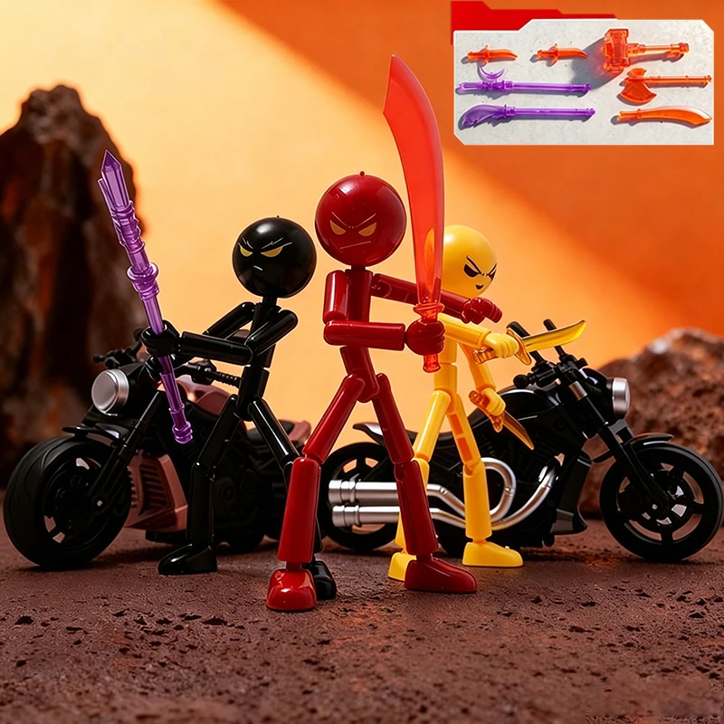 Posable Raging Stickman DIY Assembly Action Figures with Motorcycle and Weapons Mini Figurine for Creating Stop Motion Animation