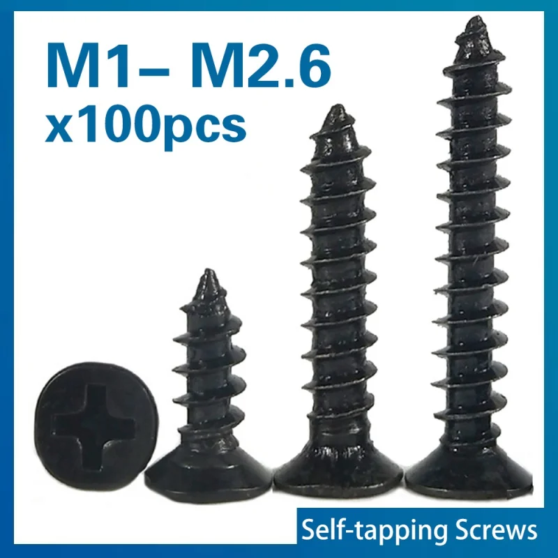 100pcs/lot M1.2 M 1.3 M1.4 M1.6 M1.7 1.8 M2.2 2.6 Black Carbon Steel Phillips Flat Countersunk Mini Self-tapping Screw