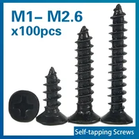 100 unids/lote M1.2 M 1,3 M1.4 M1.6 M1.7 1,8 M2.2 2,6 negro Acero al carbono Phillips plano avellanado Mini tornillo autorroscante