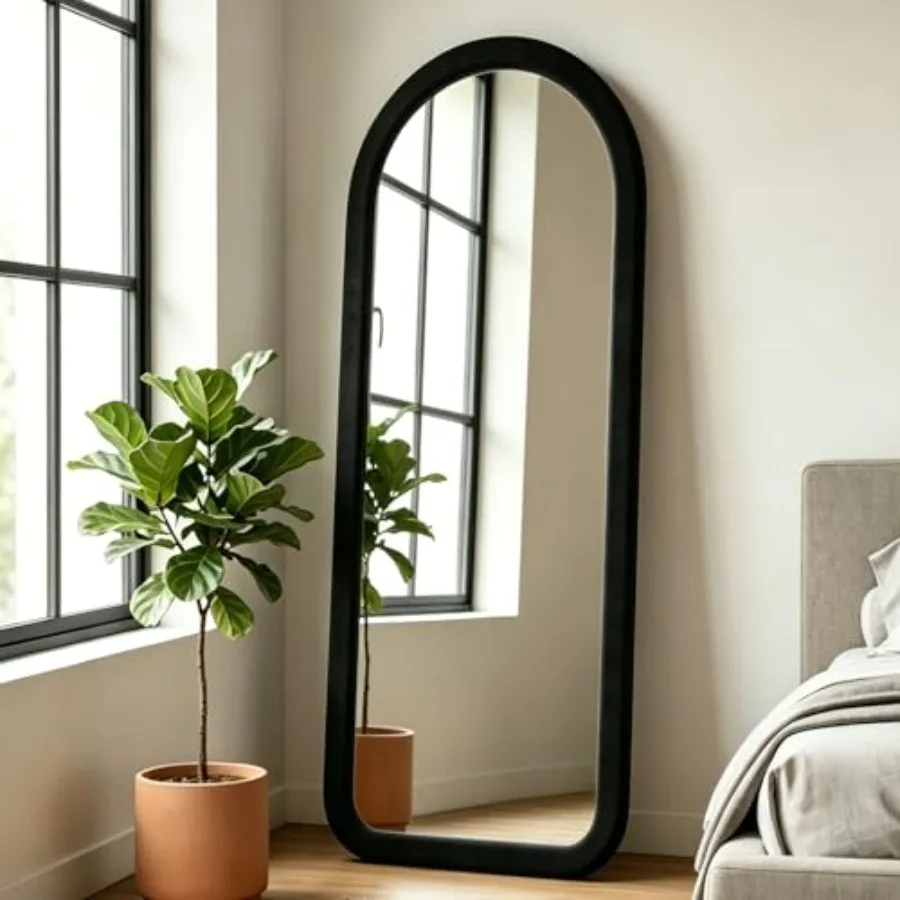 Bedroom full-length arch floor mirror, flannel-wrapped wooden frame, black, 56x20, standing/hanging/leaning, full-body viewing
