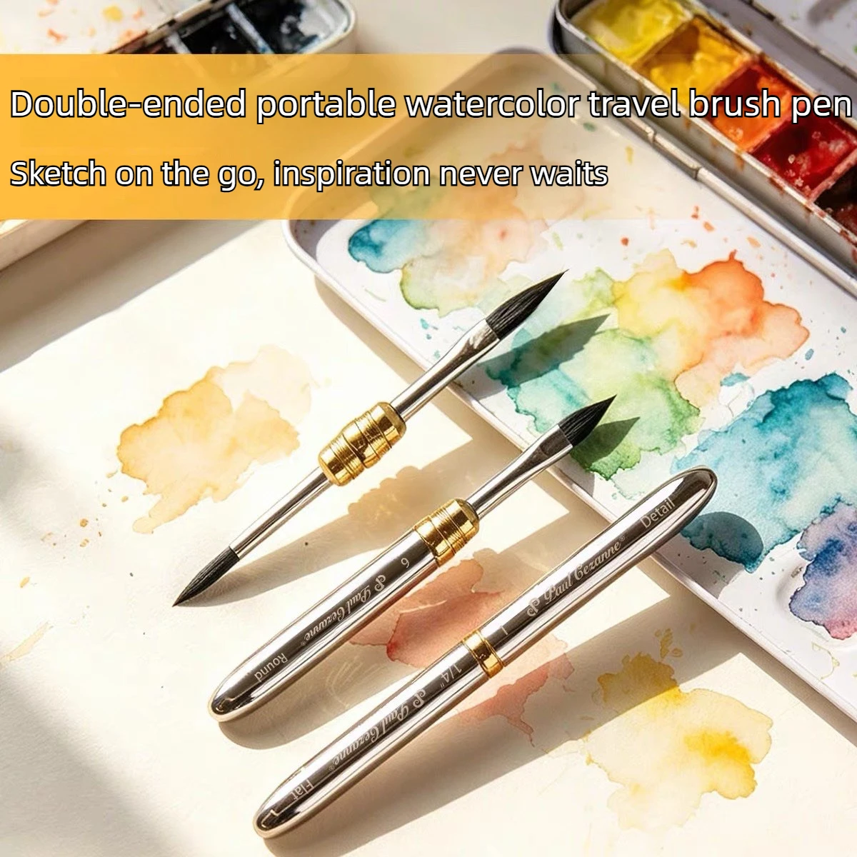 Travel Silver Metal Watercolor Paint Brush Dual Tip 2-in-1 Portable Sketching Pen Outdoor Painting School Art Supply Stationery