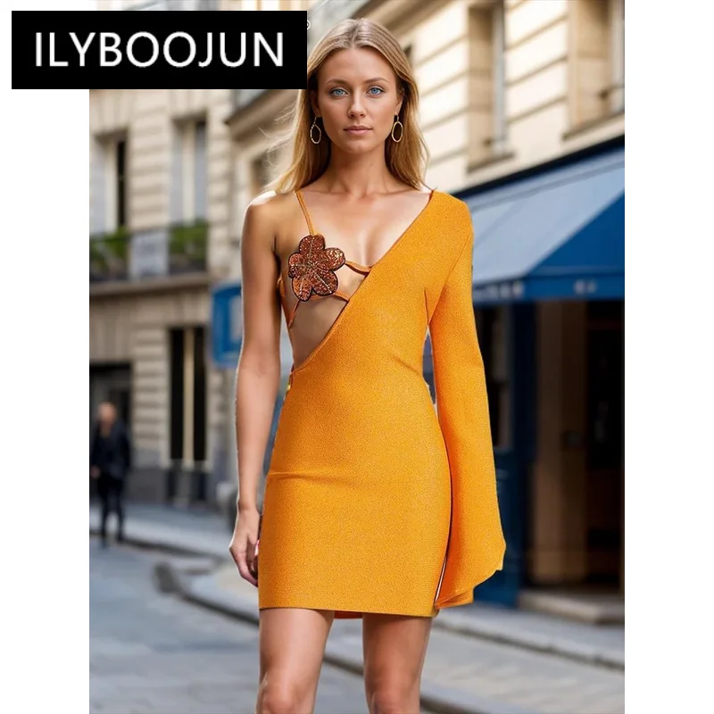 

ILYBOOJUN Solid Designer Slimming Dresses For Women Asymmetrical Neck One Shoulder Sleeve Tunic Sexy Mini Dress Female New