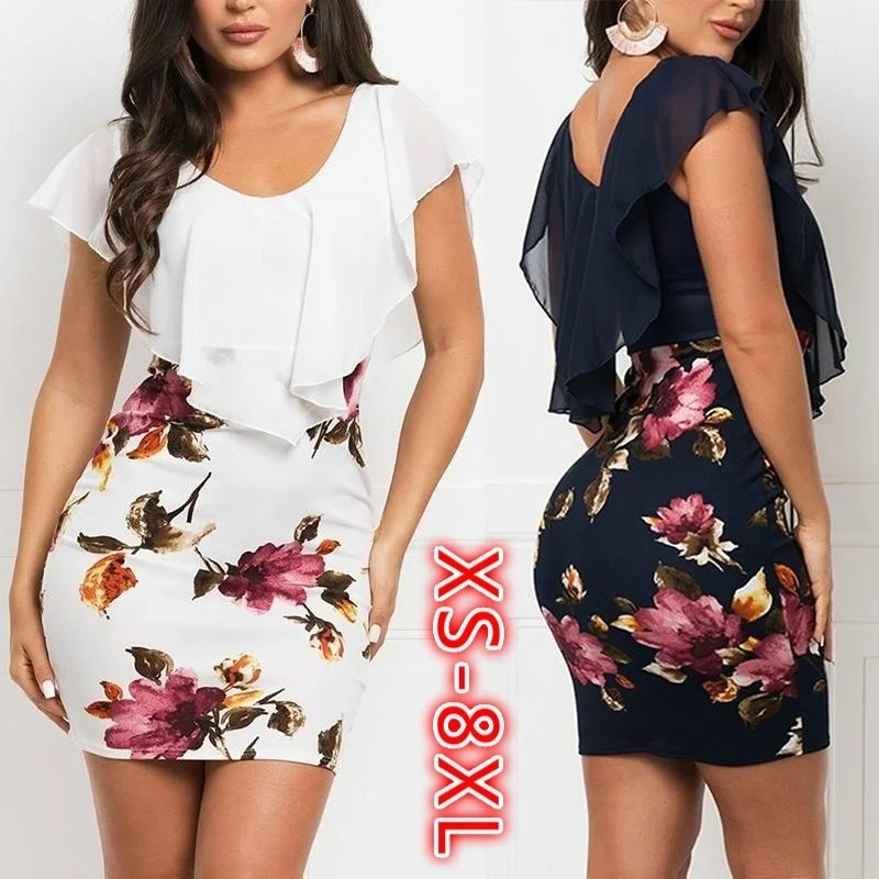 

2022 New Women Summer Short Sleeve Party Dress Female Flounce Floral Print Bodycon Large Size Dresses