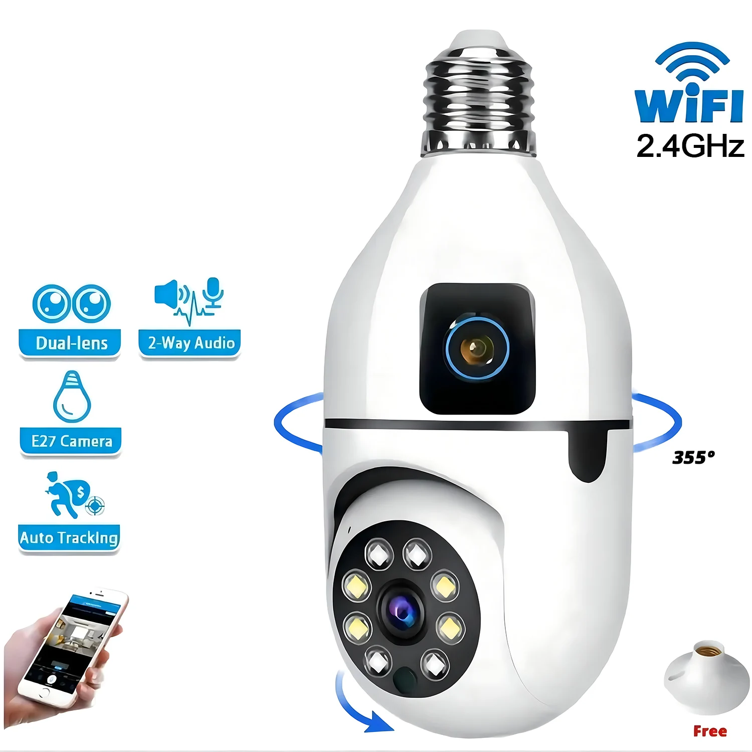 2.4G WiFi Bulb Camera Dual Lens E27 Base Indoor Baby Monitor Wireless Security Protection Video Surveillance Color Night Vision