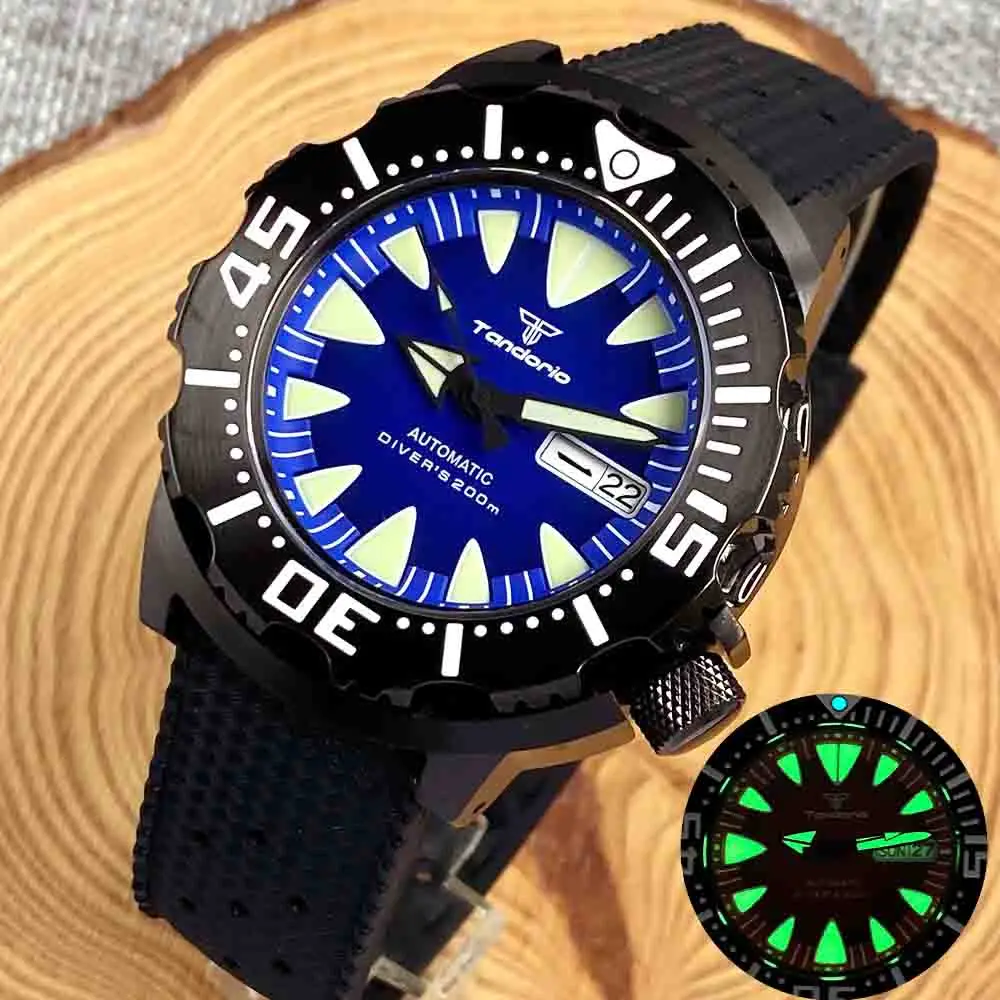 

42mm PVD Coating Black Monster Watch 20ATM Dive NH35A Automatic Wristwatch for Men 120 Click Bezel Sapphire Glass Blue Red Dial