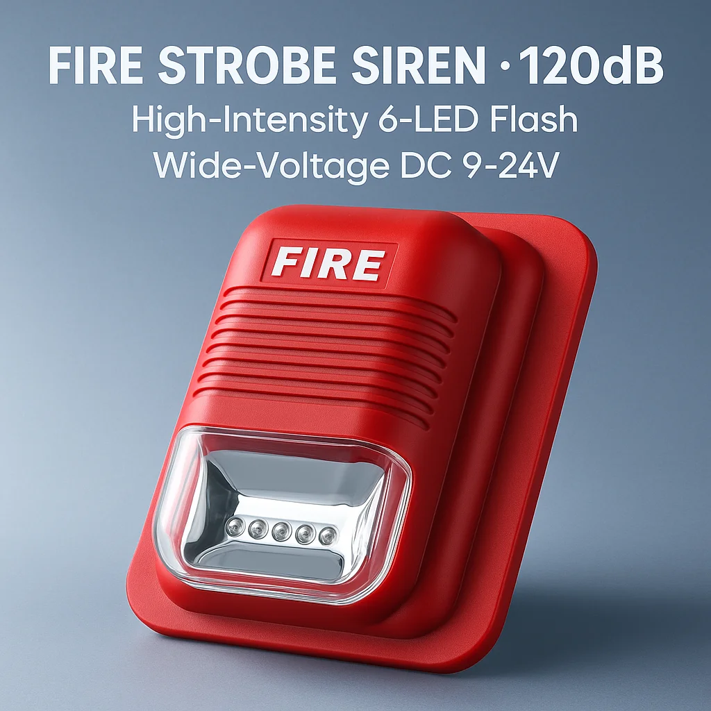 120dB Fire Alarm Strobe · High-Intensity 6-LED Flash · Wide-Angle Warning Light · Low-Power DC9–24V for Home & Industrial Use