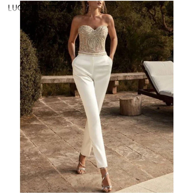 Women Jumpsuit Spring Autumn New Chest Wrapped Sexy Slim Sleeveless Embroidered Sequin Lady Straight Long Jumpsuits Lugentolo