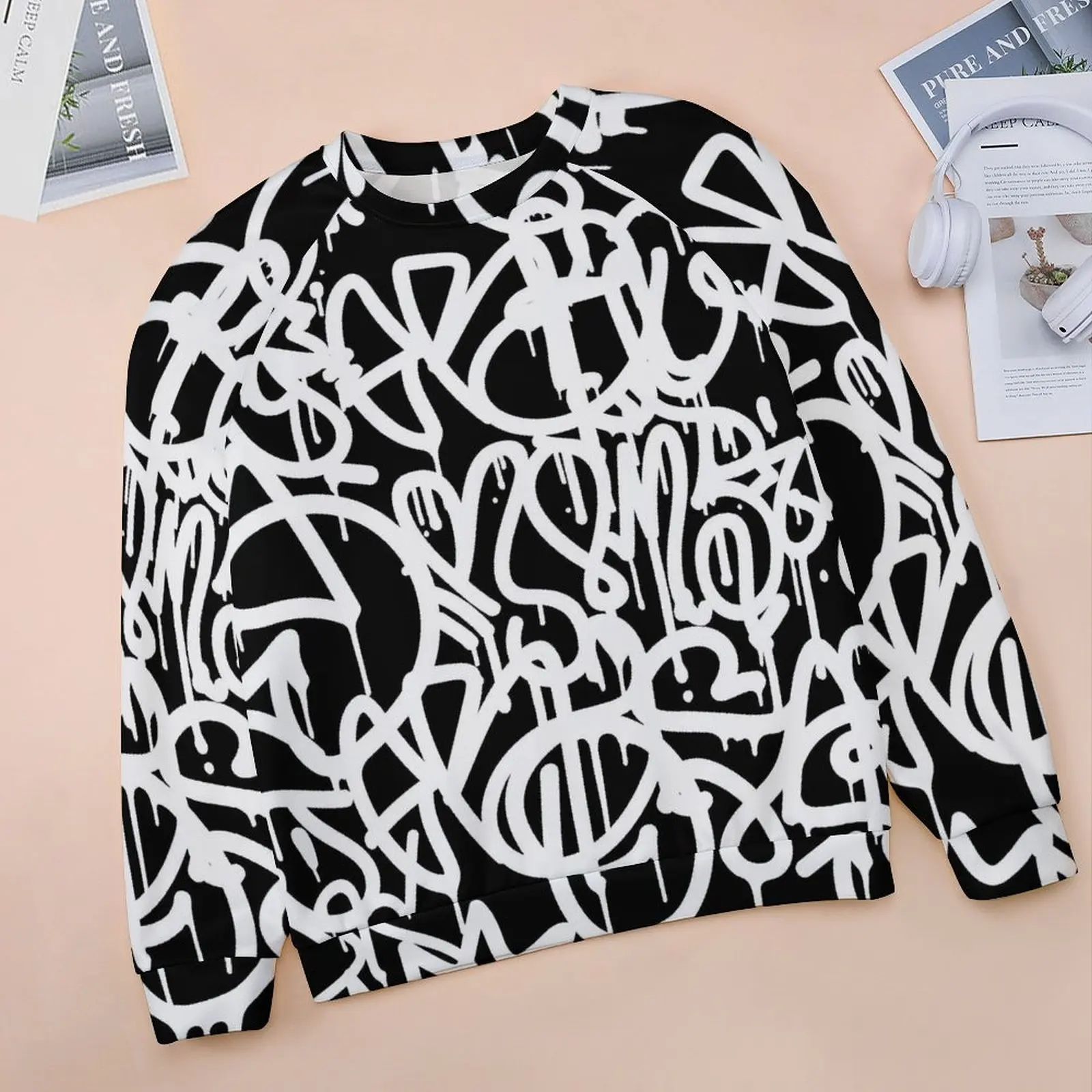 Abstract Graffiti Casual Hoodies Black and White Y2k Hoodie Spring Long Sleeve Hip Hop Oversized Sweatshirts Birthday Gift